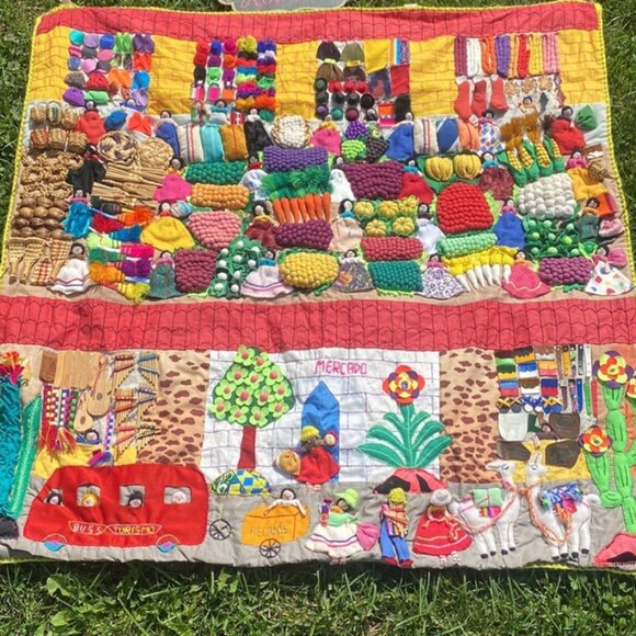 Handcrafted Other - Vintage Peruvian Arpillera Wall Tapestry Handcrafted Folk Art Large